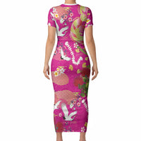 Hawaiian and Japanese Culture Together Short Sleeve Bodycon Dress Kakau Tribal Pattern and Irezumi Art Pink Color LT03 - Polynesian Pride