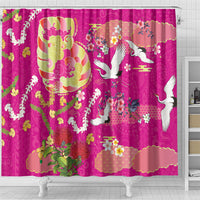 Hawaiian and Japanese Culture Together Shower Curtain Kakau Tribal Pattern and Irezumi Art Pink Color