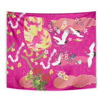 Hawaiian and Japanese Culture Together Tapestry Kakau Tribal Pattern and Irezumi Art Pink Color