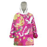 Hawaiian and Japanese Culture Together Wearable Blanket Hoodie Kakau Tribal Pattern and Irezumi Art Pink Color