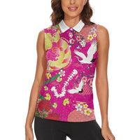 Hawaiian and Japanese Culture Together Women Sleeveless Polo Shirt Kakau Tribal Pattern and Irezumi Art Pink Color
