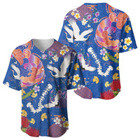 Hawaiian and Japanese Culture Together Baseball Jersey Kakau Tribal Pattern and Irezumi Art Blue Color