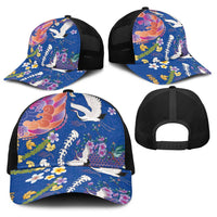 Hawaiian and Japanese Culture Together Baseball Net Cap Kakau Tribal Pattern and Irezumi Art Blue Color