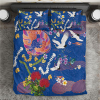 Hawaiian and Japanese Culture Together Bedding Set Kakau Tribal Pattern and Irezumi Art Blue Color