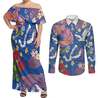 Hawaiian and Japanese Culture Together Couples Matching Off Shoulder Maxi Dress and Long Sleeve Button Shirt Kakau Tribal Pattern and Irezumi Art Blue Color