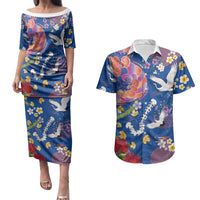 Hawaiian and Japanese Culture Together Couples Matching Puletasi and Hawaiian Shirt Kakau Tribal Pattern and Irezumi Art Blue Color