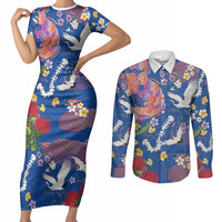Hawaiian and Japanese Culture Together Couples Matching Short Sleeve Bodycon Dress and Long Sleeve Button Shirt Kakau Tribal Pattern and Irezumi Art Blue Color LT03 Blue - Polynesian Pride