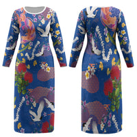 Hawaiian and Japanese Culture Together Family Matching Long Sleeve Bodycon Dress and Hawaiian Shirt Kakau Tribal Pattern and Irezumi Art Blue Color LT03 Mom's Dress Blue - Polynesian Pride