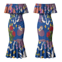 Hawaiian and Japanese Culture Together Family Matching Mermaid Dress and Hawaiian Shirt Kakau Tribal Pattern and Irezumi Art Blue Color LT03 Mom's Dress Blue - Polynesian Pride