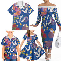 Hawaiian and Japanese Culture Together Family Matching Off The Shoulder Long Sleeve Dress and Hawaiian Shirt Kakau Tribal Pattern and Irezumi Art Blue Color LT03 - Polynesian Pride