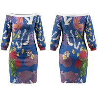 Hawaiian and Japanese Culture Together Family Matching Off The Shoulder Long Sleeve Dress and Hawaiian Shirt Kakau Tribal Pattern and Irezumi Art Blue Color LT03 Mom's Dress Blue - Polynesian Pride