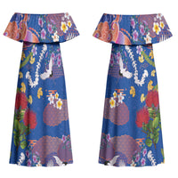 Hawaiian and Japanese Culture Together Family Matching Off Shoulder Maxi Dress and Hawaiian Shirt Kakau Tribal Pattern and Irezumi Art Blue Color LT03 Mom's Dress Blue - Polynesian Pride