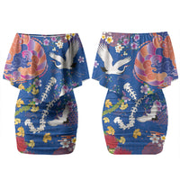 Hawaiian and Japanese Culture Together Family Matching Off Shoulder Short Dress and Hawaiian Shirt Kakau Tribal Pattern and Irezumi Art Blue Color LT03 Mom's Dress Blue - Polynesian Pride