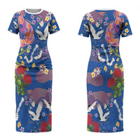 Hawaiian and Japanese Culture Together Family Matching Short Sleeve Bodycon Dress and Hawaiian Shirt Kakau Tribal Pattern and Irezumi Art Blue Color LT03 Mom's Dress Blue - Polynesian Pride