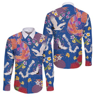 Hawaiian and Japanese Culture Together Family Matching Summer Maxi Dress and Hawaiian Shirt Kakau Tribal Pattern and Irezumi Art Blue Color LT03 Dad's Shirt - Long Sleeve Blue - Polynesian Pride