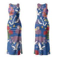 Hawaiian and Japanese Culture Together Family Matching Tank Maxi Dress and Hawaiian Shirt Kakau Tribal Pattern and Irezumi Art Blue Color LT03 Mom's Dress Blue - Polynesian Pride