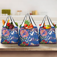 Hawaiian and Japanese Culture Together Grocery Bag Kakau Tribal Pattern and Irezumi Art Blue Color