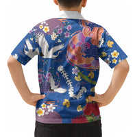 Hawaiian and Japanese Culture Together Kid Hawaiian Shirt Kakau Tribal Pattern and Irezumi Art Blue Color
