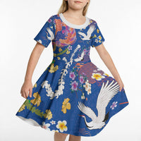 Hawaiian and Japanese Culture Together Kid Short Sleeve Dress Kakau Tribal Pattern and Irezumi Art Blue Color