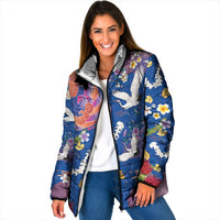 Hawaiian and Japanese Culture Together Padded Jacket Kakau Tribal Pattern and Irezumi Art Blue Color