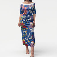 Hawaiian and Japanese Culture Together Puletasi Kakau Tribal Pattern and Irezumi Art Blue Color