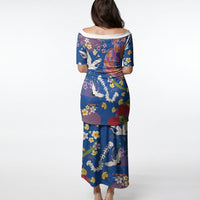 Hawaiian and Japanese Culture Together Puletasi Kakau Tribal Pattern and Irezumi Art Blue Color