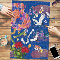 Hawaiian and Japanese Culture Together Puzzle Kakau Tribal Pattern and Irezumi Art Blue Color