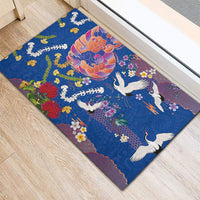 Hawaiian and Japanese Culture Together Rubber Doormat Kakau Tribal Pattern and Irezumi Art Blue Color