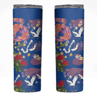 Hawaiian and Japanese Culture Together Skinny Tumbler Kakau Tribal Pattern and Irezumi Art Blue Color