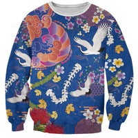 Hawaiian and Japanese Culture Together Sweatshirt Kakau Tribal Pattern and Irezumi Art Blue Color