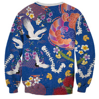 Hawaiian and Japanese Culture Together Sweatshirt Kakau Tribal Pattern and Irezumi Art Blue Color