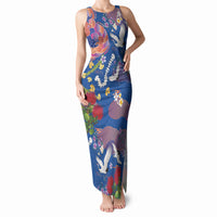 Hawaiian and Japanese Culture Together Tank Maxi Dress Kakau Tribal Pattern and Irezumi Art Blue Color