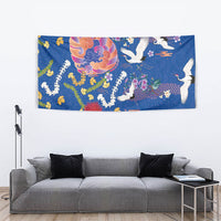 Hawaiian and Japanese Culture Together Tapestry Kakau Tribal Pattern and Irezumi Art Blue Color