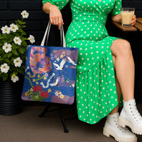 Hawaiian and Japanese Culture Together Tote Bag Kakau Tribal Pattern and Irezumi Art Blue Color