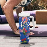 Hawaiian and Japanese Culture Together Tumbler With Handle Kakau Tribal Pattern and Irezumi Art Blue Color