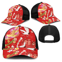 Hawaiian and Japanese Culture Together Baseball Net Cap Kakau Tribal Pattern and Irezumi Art Red Color