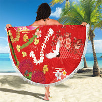 Hawaiian and Japanese Culture Together Beach Blanket Kakau Tribal Pattern and Irezumi Art Red Color
