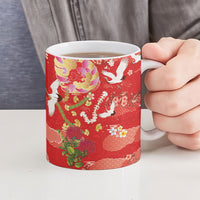 Hawaiian and Japanese Culture Together Ceramic Mug Kakau Tribal Pattern and Irezumi Art Red Color