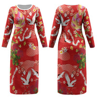 Hawaiian and Japanese Culture Together Couples Matching Long Sleeve Bodycon Dress and Long Sleeve Button Shirt Kakau Tribal Pattern and Irezumi Art Red Color