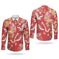 Hawaiian and Japanese Culture Together Couples Matching Off Shoulder Maxi Dress and Long Sleeve Button Shirt Kakau Tribal Pattern and Irezumi Art Red Color