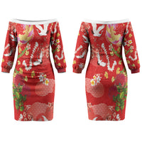 Hawaiian and Japanese Culture Together Couples Matching Off The Shoulder Long Sleeve Dress and Long Sleeve Button Shirt Kakau Tribal Pattern and Irezumi Art Red Color