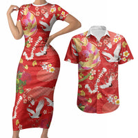 Hawaiian and Japanese Culture Together Couples Matching Short Sleeve Bodycon Dress and Hawaiian Shirt Kakau Tribal Pattern and Irezumi Art Red Color LT03 Red - Polynesian Pride