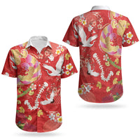 Hawaiian and Japanese Culture Together Couples Matching Short Sleeve Bodycon Dress and Hawaiian Shirt Kakau Tribal Pattern and Irezumi Art Red Color LT03 - Polynesian Pride
