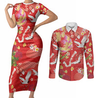 Hawaiian and Japanese Culture Together Couples Matching Short Sleeve Bodycon Dress and Long Sleeve Button Shirt Kakau Tribal Pattern and Irezumi Art Red Color LT03 Red - Polynesian Pride