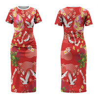 Hawaiian and Japanese Culture Together Couples Matching Short Sleeve Bodycon Dress and Long Sleeve Button Shirt Kakau Tribal Pattern and Irezumi Art Red Color LT03 - Polynesian Pride