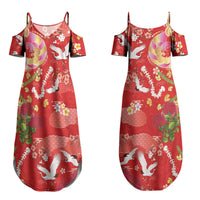 Hawaiian and Japanese Culture Together Couples Matching Summer Maxi Dress and Long Sleeve Button Shirt Kakau Tribal Pattern and Irezumi Art Red Color