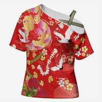 Hawaiian and Japanese Culture Together Cross Shoulder Shirt Kakau Tribal Pattern and Irezumi Art Red Color