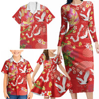 Hawaiian and Japanese Culture Together Family Matching Long Sleeve Bodycon Dress and Hawaiian Shirt Kakau Tribal Pattern and Irezumi Art Red Color LT03 - Polynesian Pride