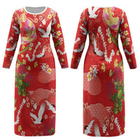 Hawaiian and Japanese Culture Together Family Matching Long Sleeve Bodycon Dress and Hawaiian Shirt Kakau Tribal Pattern and Irezumi Art Red Color LT03 Mom's Dress Red - Polynesian Pride