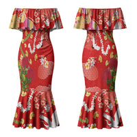 Hawaiian and Japanese Culture Together Family Matching Mermaid Dress and Hawaiian Shirt Kakau Tribal Pattern and Irezumi Art Red Color LT03 Mom's Dress Red - Polynesian Pride